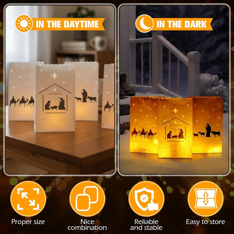 ForraFun 48 Pcs Christmas Nativity Luminary Bags Bulk Religious Christian Paper White Candle Lantern Bag 10 x 6 x 3.5Inch Fire Retardant Paper Jesus Luminaria Lantern for Christmas Winter Party Decor - Image 4